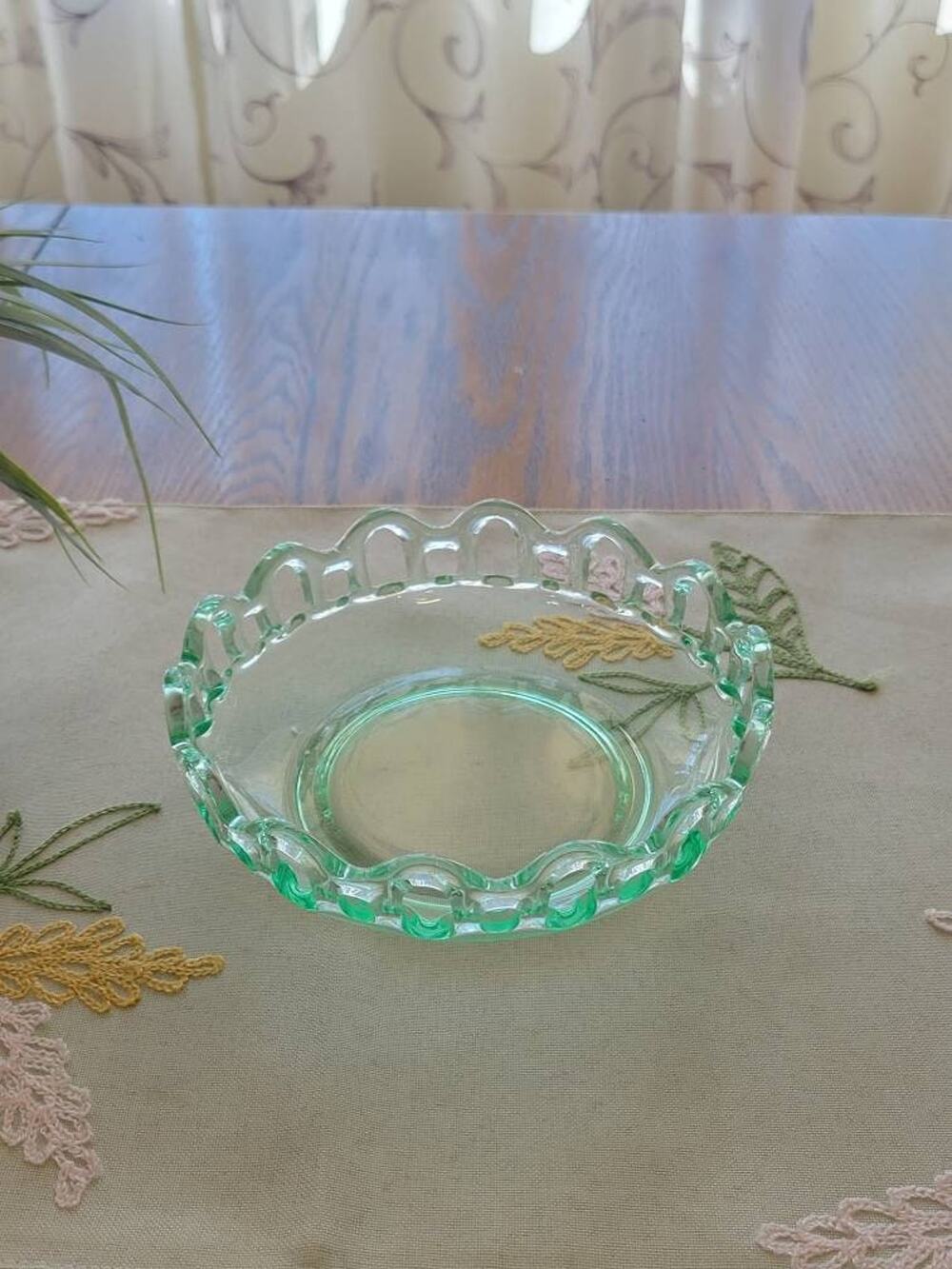 Vintage Lancaster Green Uranium Glass Bowl 1930s Open Lace Edge Nappy UV Glow
